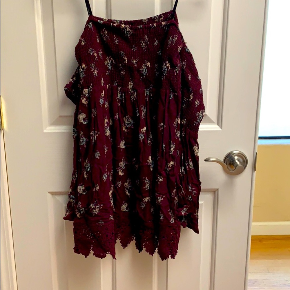 Floral purple strapless dress with sleeves